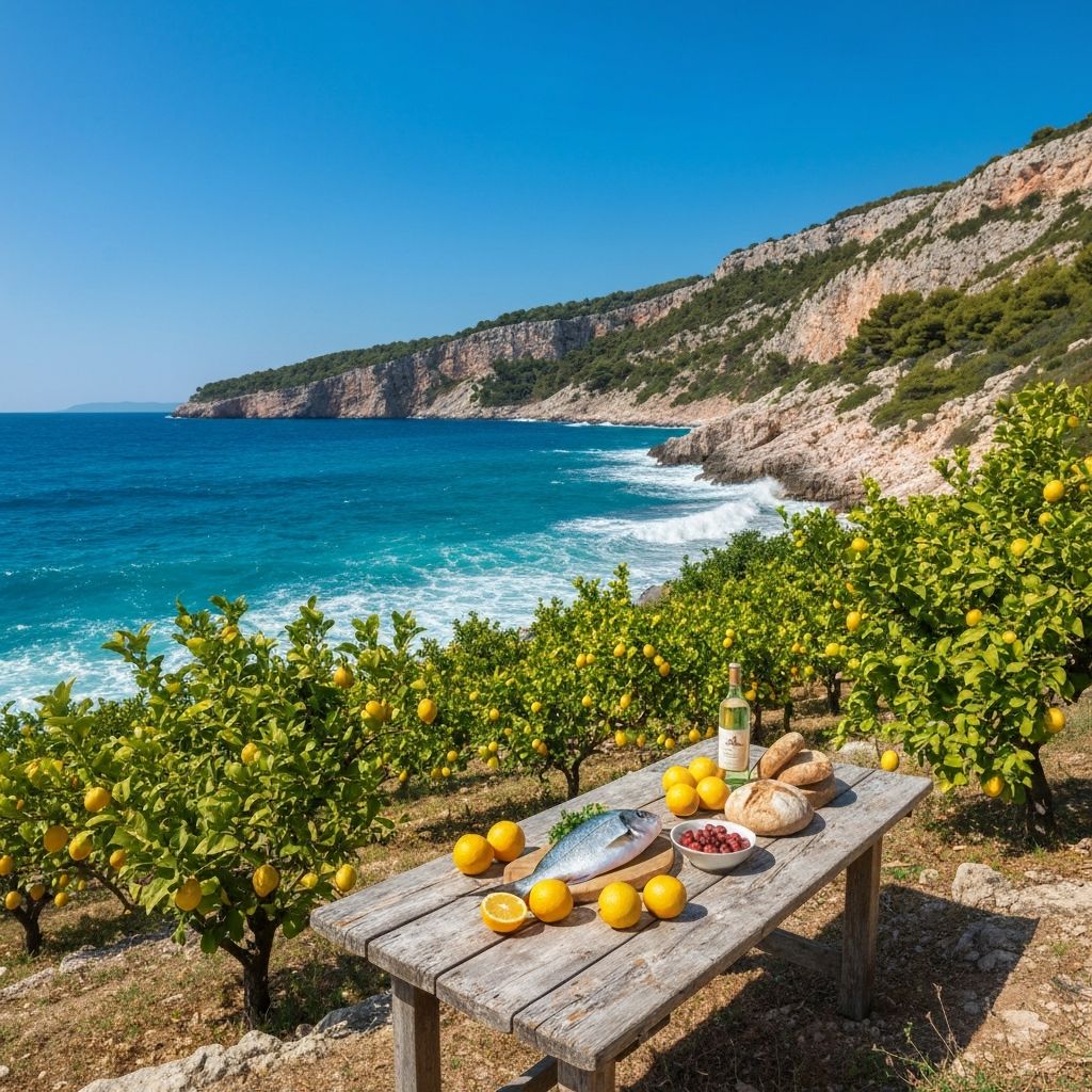 Jadranske valove pokraj limunskog gaja sa svježom ribom i citrusa na prikazi