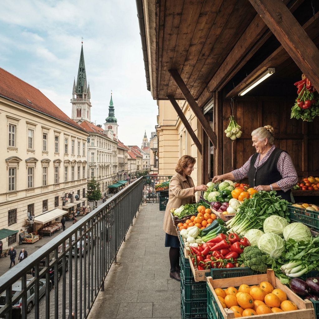 Zagrebački gradski tržniči štand sa kontinentalnim povćem koji se prelijevaju u jelo na balkon